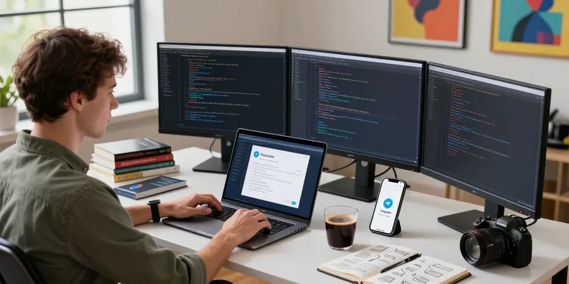 在技术工作空间中，用户正在Telegram官网上定制机器人的场景，显示丰富的编程细节和现代工作氛围。