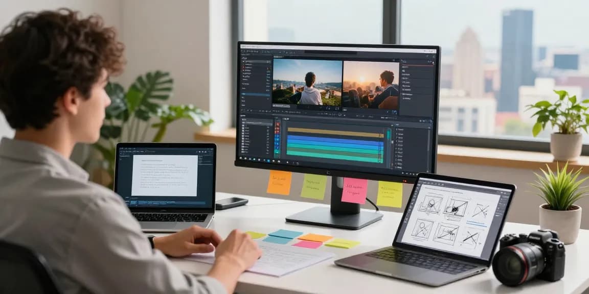 Generating video to prompt analysis in a digital workspace with creative tools and vibrant atmosphere