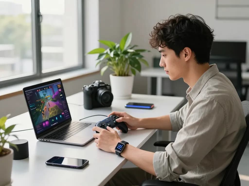 Scene of a young man using the best tech gadgets for men in a modern office setting, showcasing Bluetooth gaming controllers and smart devices.