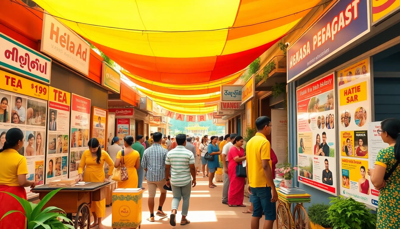 Hela Ad marketplace scene capturing vibrant Sri Lankan personal ads and spa services
