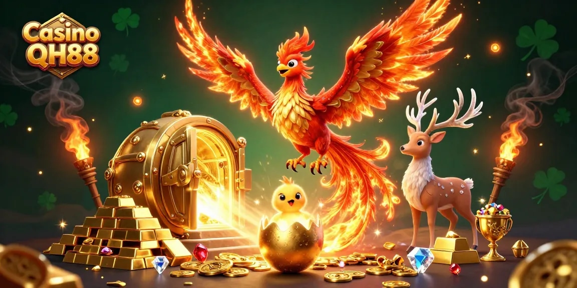 Experience thrilling moments with Casino QH88 featuring a phoenix and treasures in this vibrant 3D artwork.
