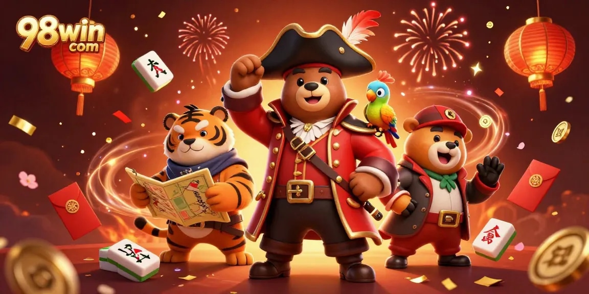 Engage in thrilling gaming at 98win com with pirate bear and tiger in a festive casino scene.