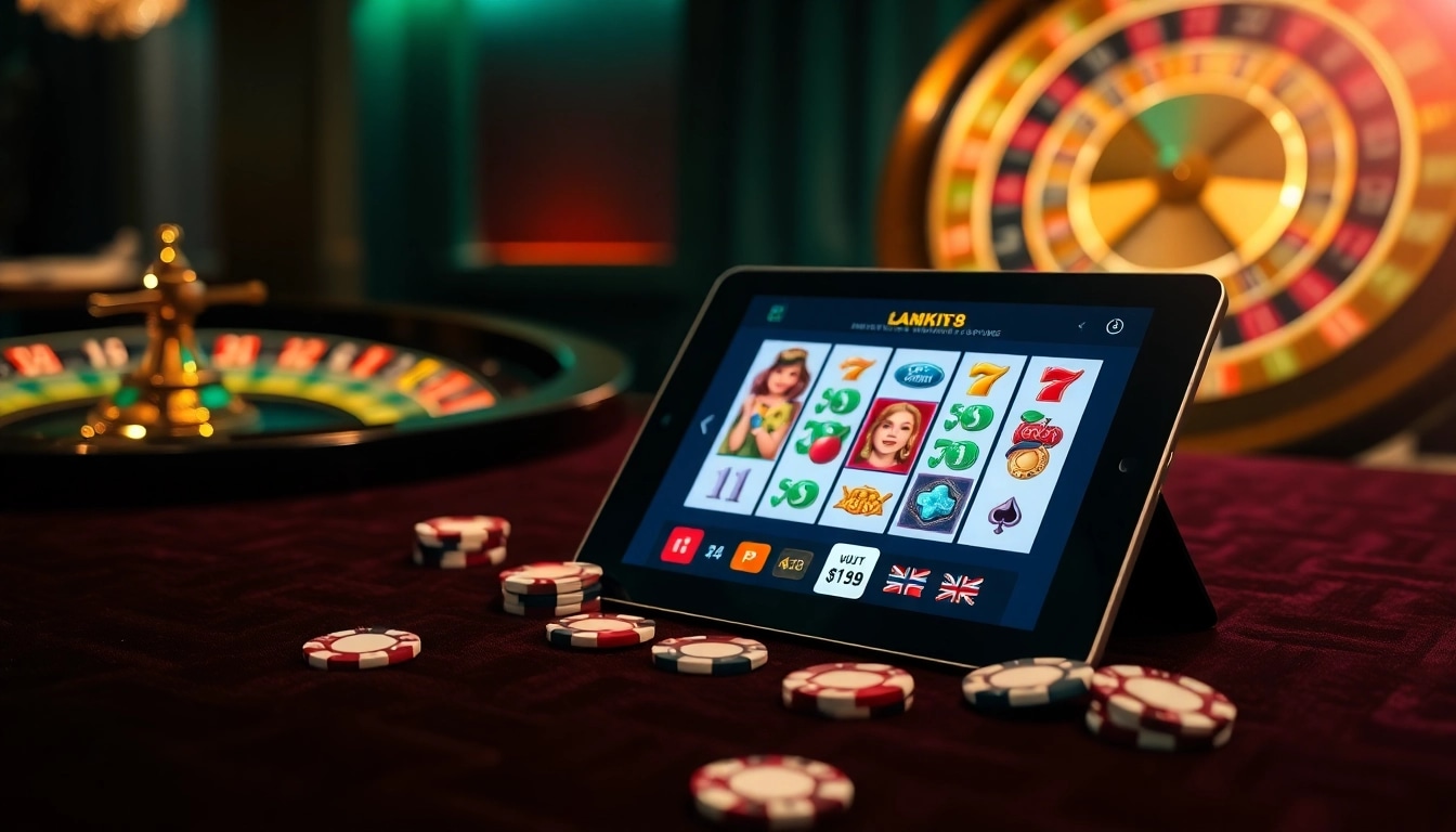 Experience high-stakes excitement with Luck8's online casino gaming scene featuring vibrant slot machines and poker chips.