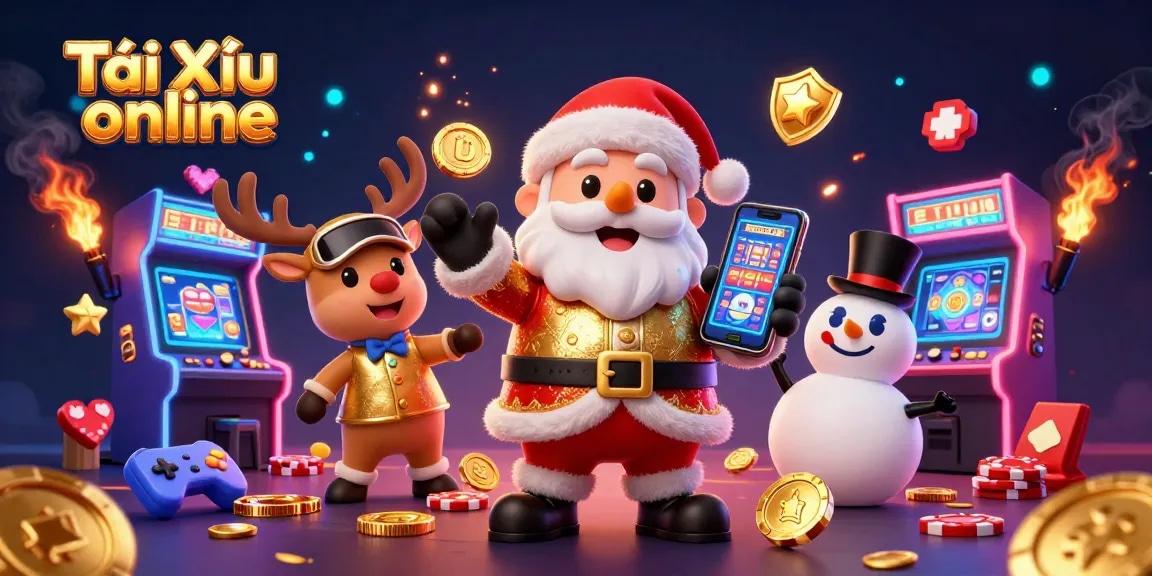 Engage with Tài Xỉu online in a vibrant casino scene featuring Santa Claus and his whimsical companions.