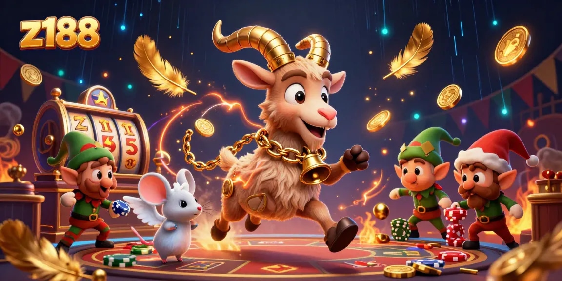 Z188 attracts players with engaging casino action among festive characters in a dynamic gaming scene.