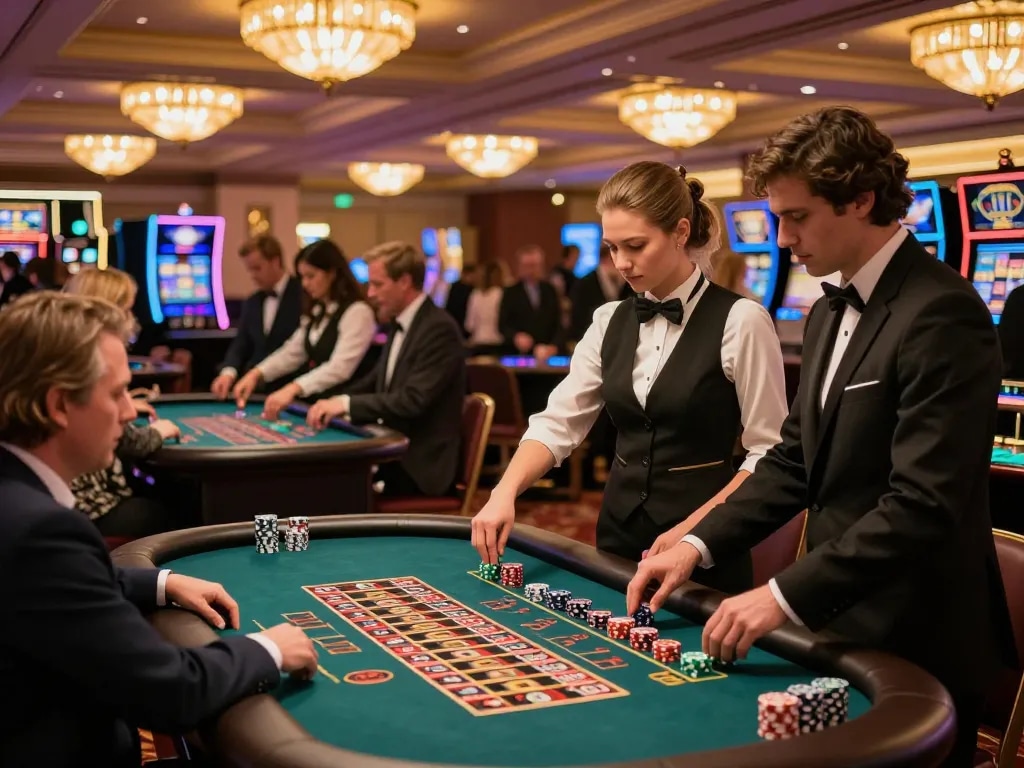 Engage with 79king at a lively casino, players focused on spinning roulette wheels.