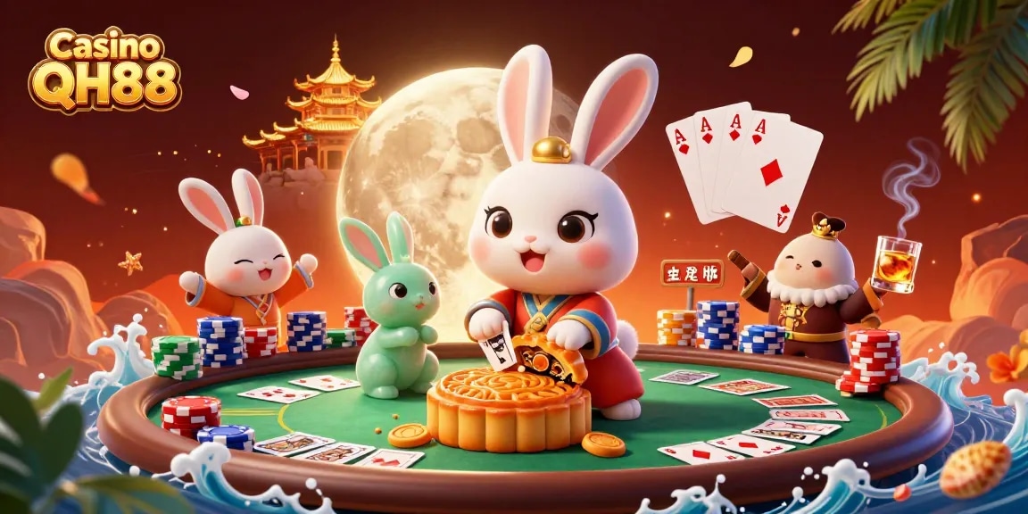 Play exciting games at Casino QH88, featuring vibrant poker elements and a magical moonlit backdrop.