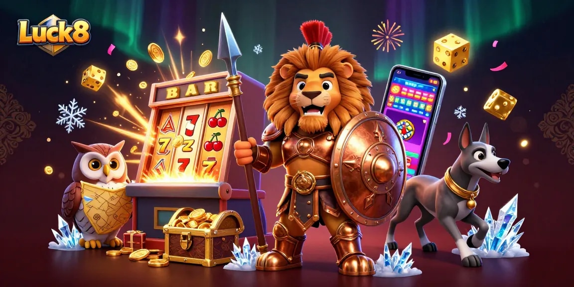Experience Luck8 action with a Spartan lion, owl strategist, and greyhound at a jackpot slot event.