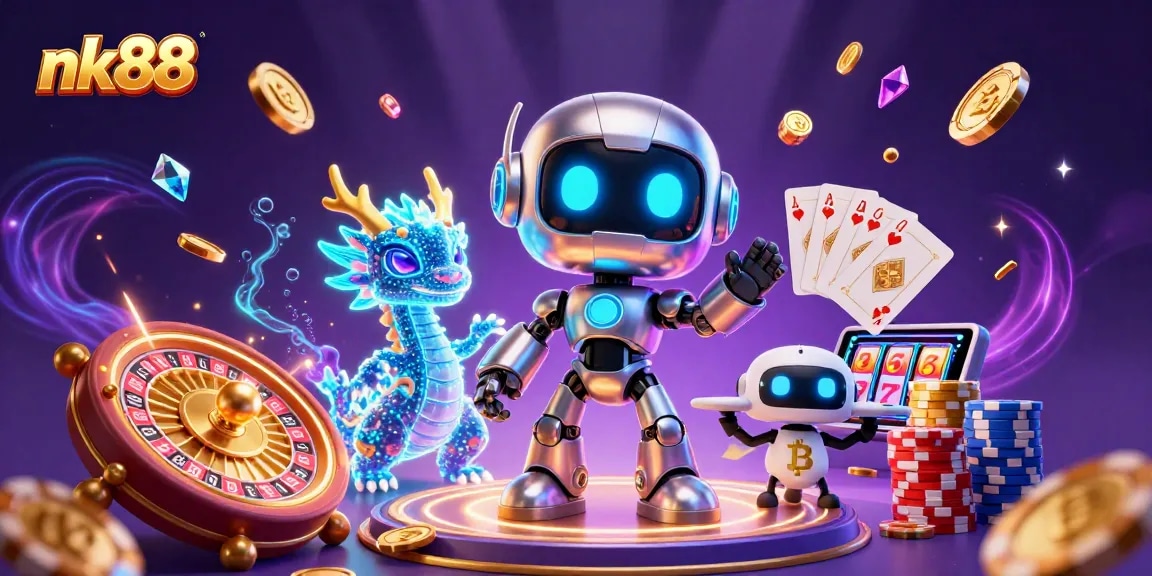 Experience the thrill of nk88 casino with vibrant robot mascots and flying game elements!
