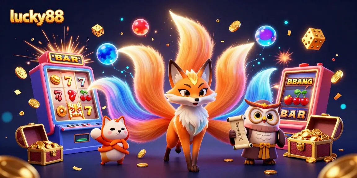 Experience the vibrant excitement of lucky88 with colorful characters, slot elements, and a dazzling jackpot explosion.