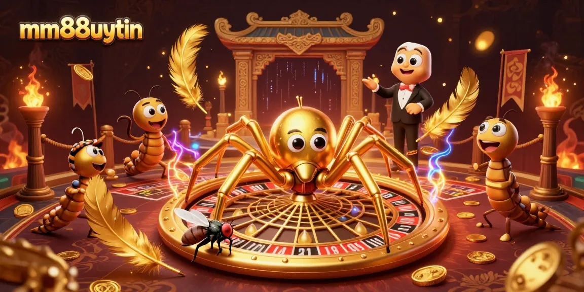 mm88uytin showcases a golden spider spinning a roulette web as a fly nervously bets in this 3D casino scene.