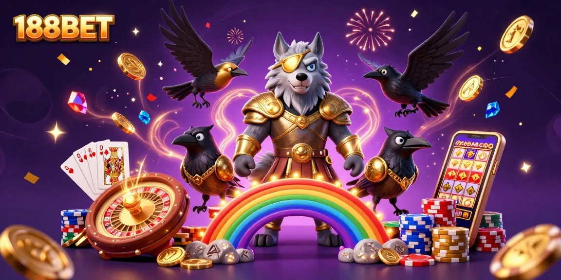 Win big at 188BET with vibrant 3D casino illustration showcasing Odin and ravens amidst casino elements.