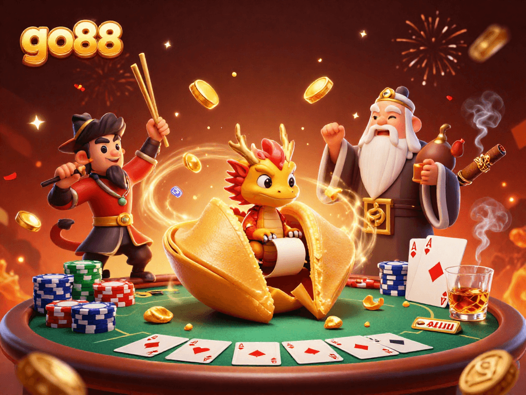 Engage with go88's vibrant casino scene featuring a giant fortune cookie and poker elements.