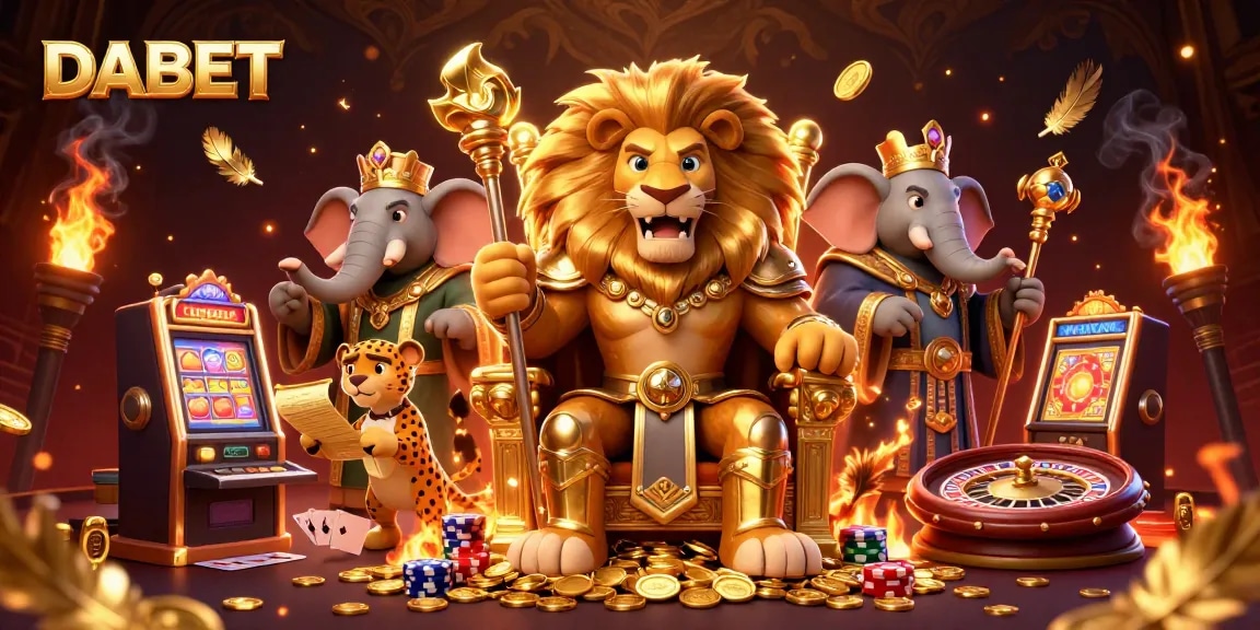 DABET offers thrilling casino games with a lion king, wise elephant, and quick cheetah in an epic gambling scene.