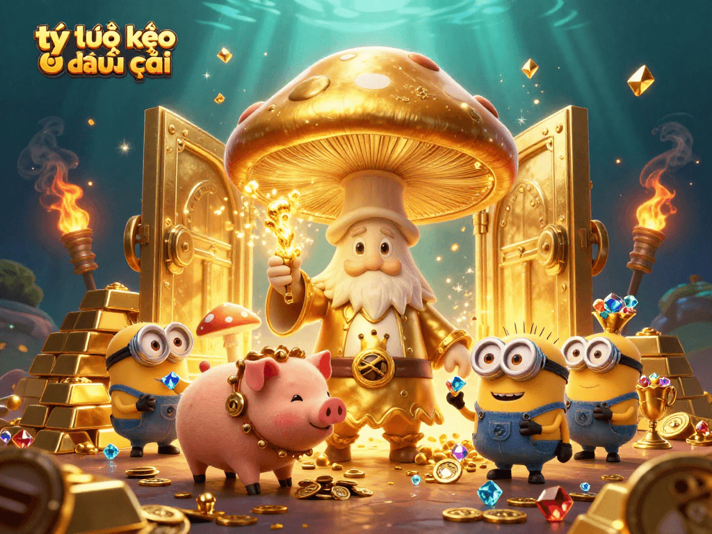 Engage with tỷ lệ kèo nhà cái as the golden wizard conjures treasures in a magical casino setting.