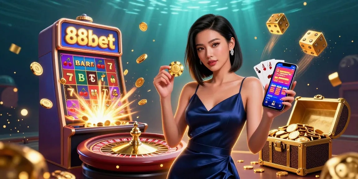Win big with 88bet in a vibrant 3D casino scene featuring a confident woman holding casino chips and a smartphone.