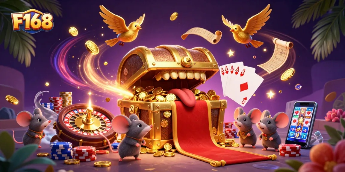 Experience the excitement of gambling at F168 with a vibrant treasure quest illustration.