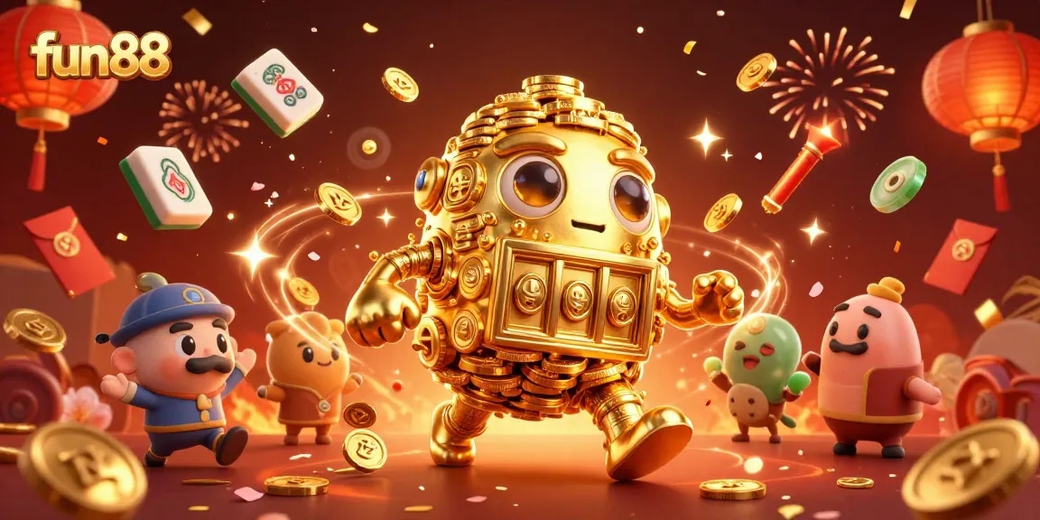 Experience thrilling moments and big wins at fun88 with a vibrant casino scene featuring a golden golem and festive elements.