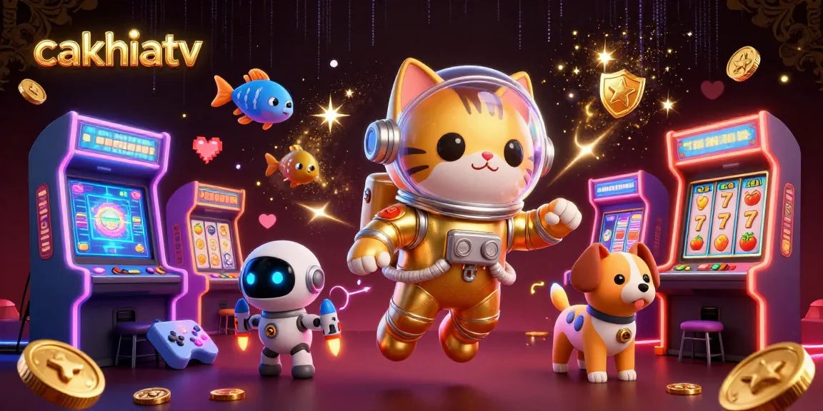 Cakhiatv showcases a vibrant 3D space scene with a cat astronaut, dog, and alien fish, blending gaming elements and slot themes.