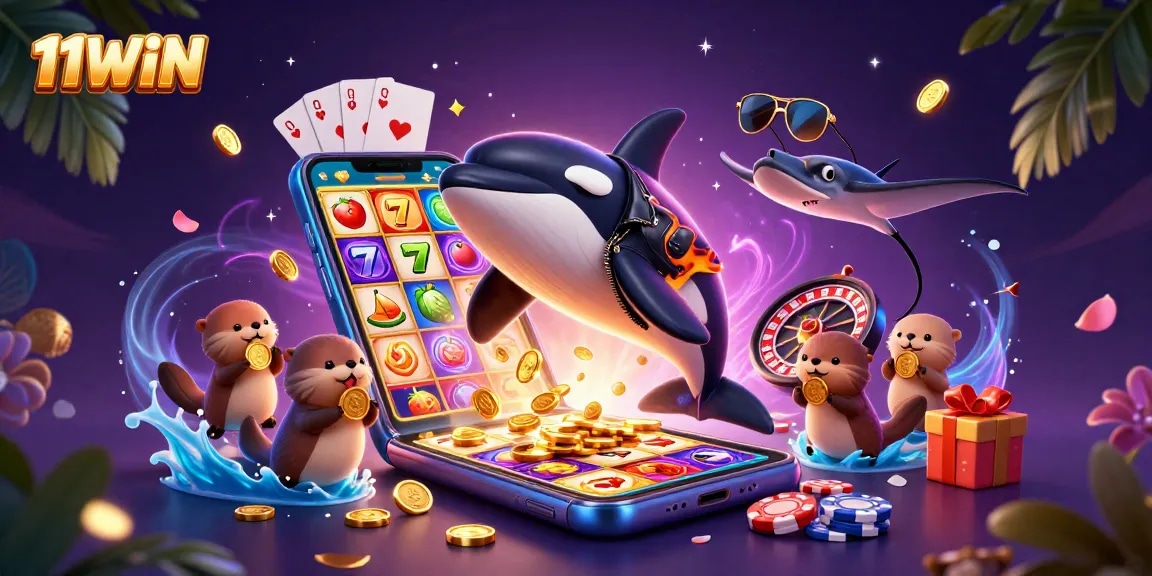 Experience thrilling gameplay with 11WIN as a vibrant orca, stingray, and otters celebrate casino wins.