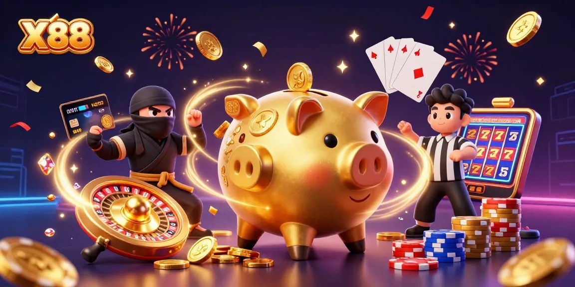 Join the fun at X88 with this lively illustration of a golden piggy bank sumo wrestler and more!