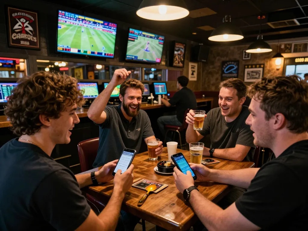 Excited bettor placing bets on sports with cm88seo mobile app in a vibrant bar.