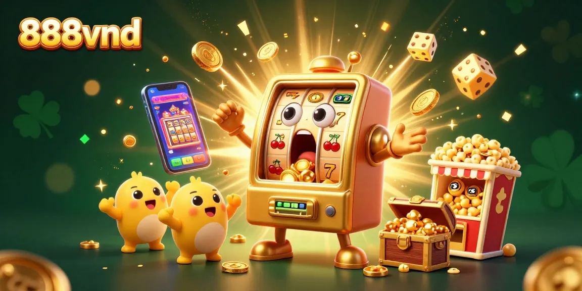 Experience the excitement of 888vnd with a 3D illustration of a slot machine hitting a jackpot amidst flying symbols and coins.