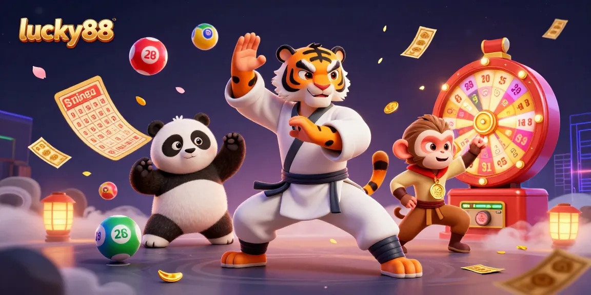 Experience winning with lucky88 in this vibrant casino-themed illustration featuring dynamic game elements.