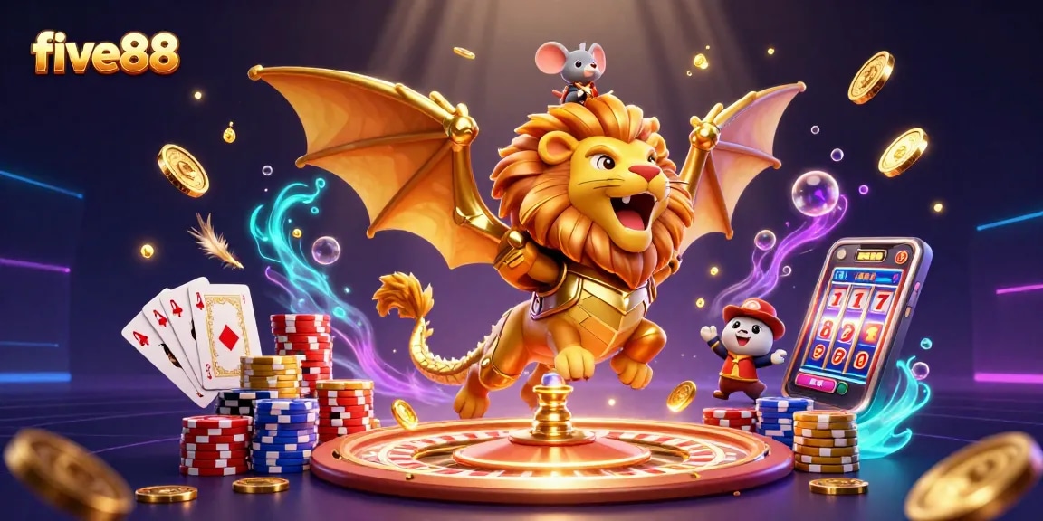 five88 captivates with a triumphant chimera amidst dynamic golden casino elements and vivid glowing effects