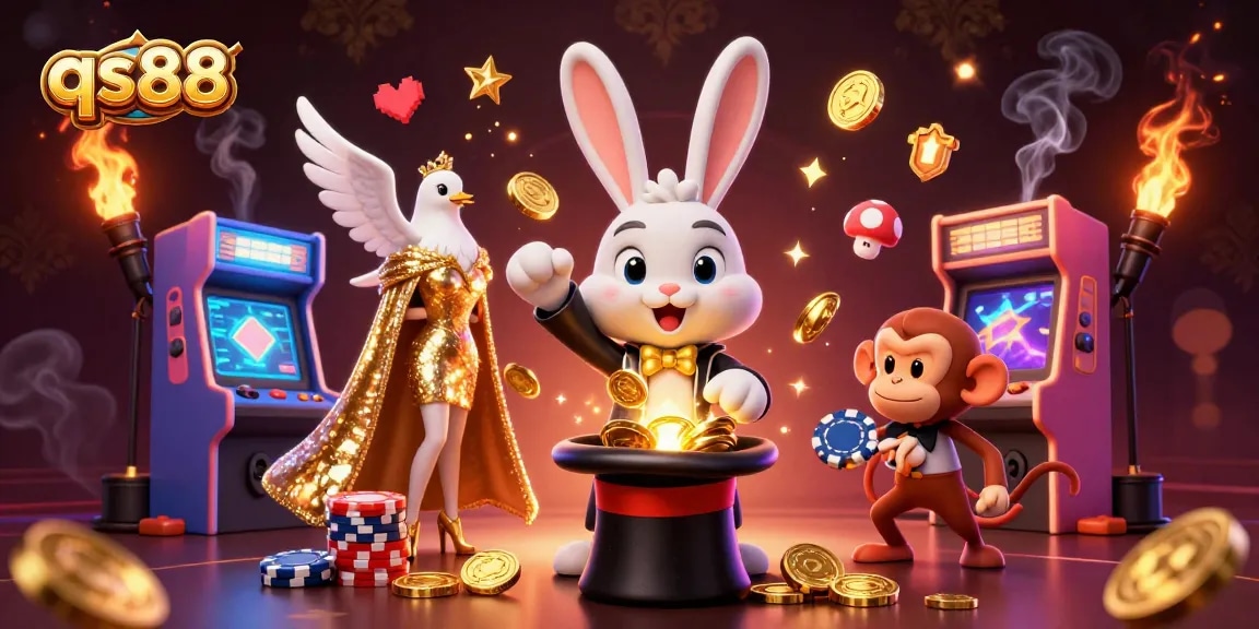 Experience the excitement of qs88 with a 3D illustration featuring a magician rabbit, casino games, and bright golden coins.