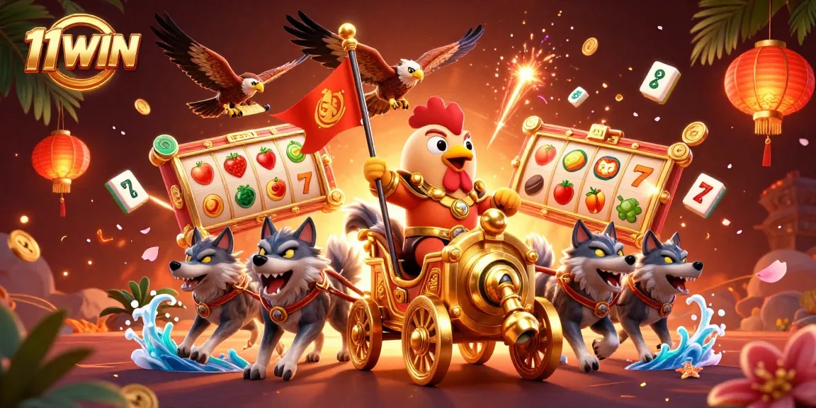Engage with the exciting 11WIN casino scene featuring a rooster warlord and dynamic gameplay elements.