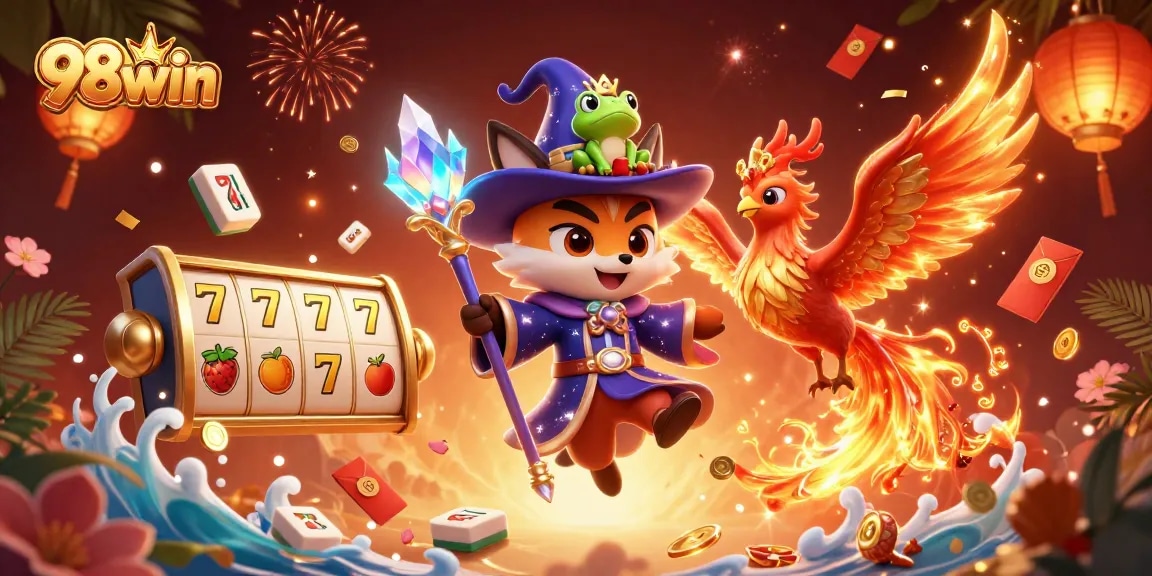 Experience the excitement of 98win with magical characters and vibrant casino elements in a dynamic scene.