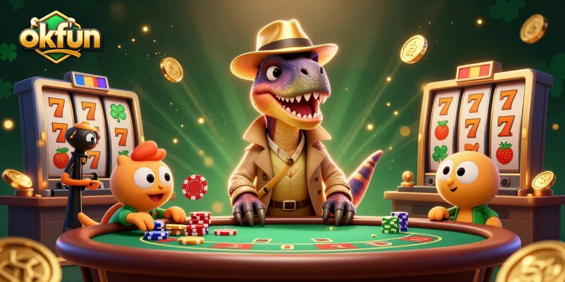 Try your luck with okfun at a vibrant casino scene featuring a velociraptor card counter and slot elements.