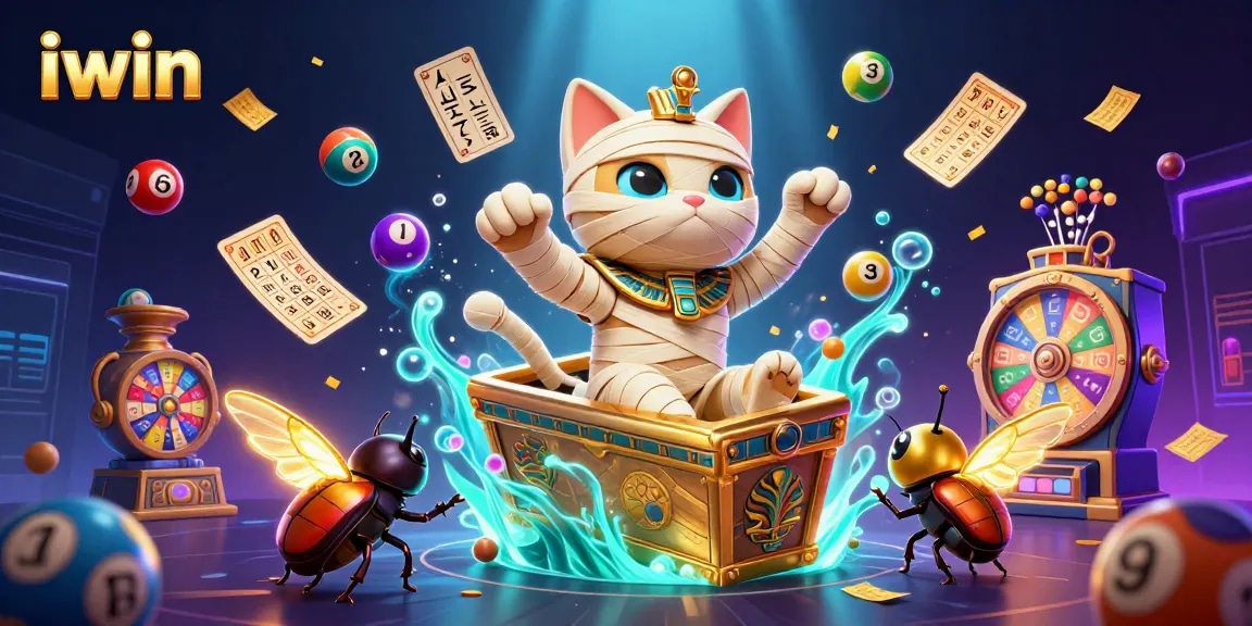 Engage with iwin's vibrant lottery scene featuring a mummy cat, scarab beetle, and energetic gaming elements.