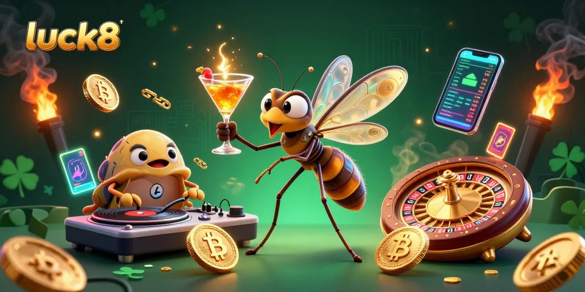 Experience luck8's vibrant casino scene with a lively mosquito mascot and glowing crypto elements.