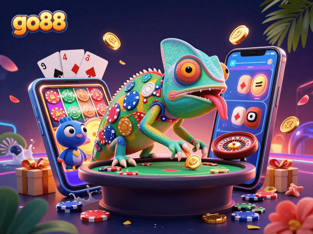 Play exciting casino games with go88's vibrant 3D chameleon illustration showcasing thrilling action.