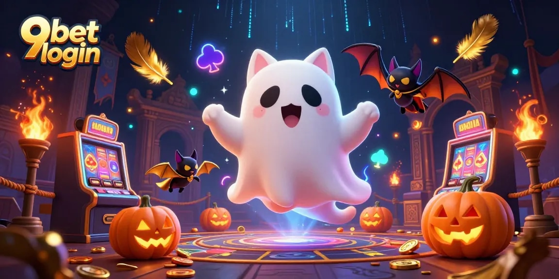 Experience the thrill of 9bet login with a ghostly cat in a haunted casino setting, featuring magical elements.