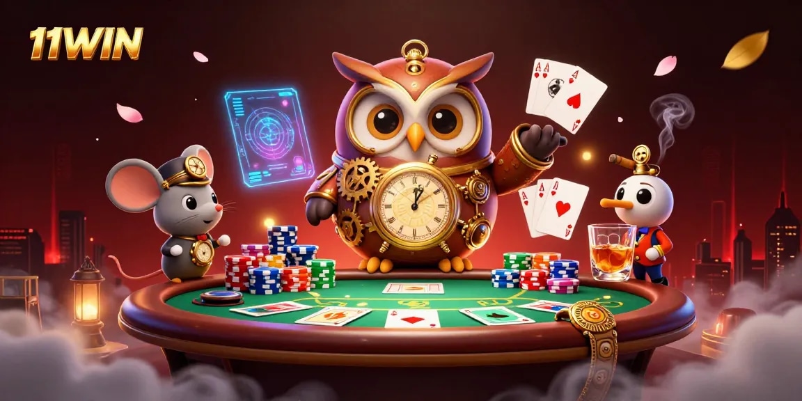 Engage with 11WIN poker action in a vibrant 3D casino scene filled with exotic elements.