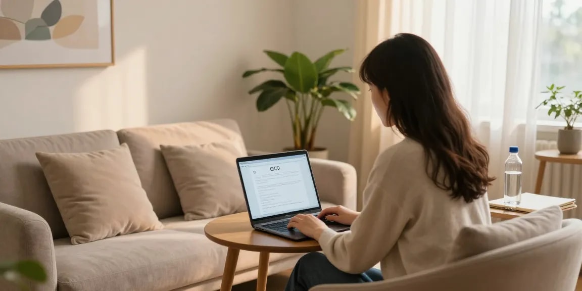 Person engaging in an online ocd test in a peaceful therapy room, promoting mental wellness.