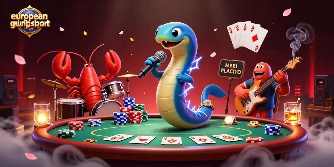 Experience excitement at europeanminigolfsport with lively casino underwater illustration featuring DJ eel and vibrant poker elements.
