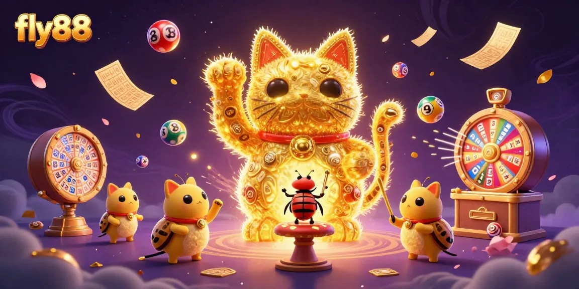 Experience the vibrant energy of fly88 with golden fireflies as a lucky cat amidst exciting casino elements.