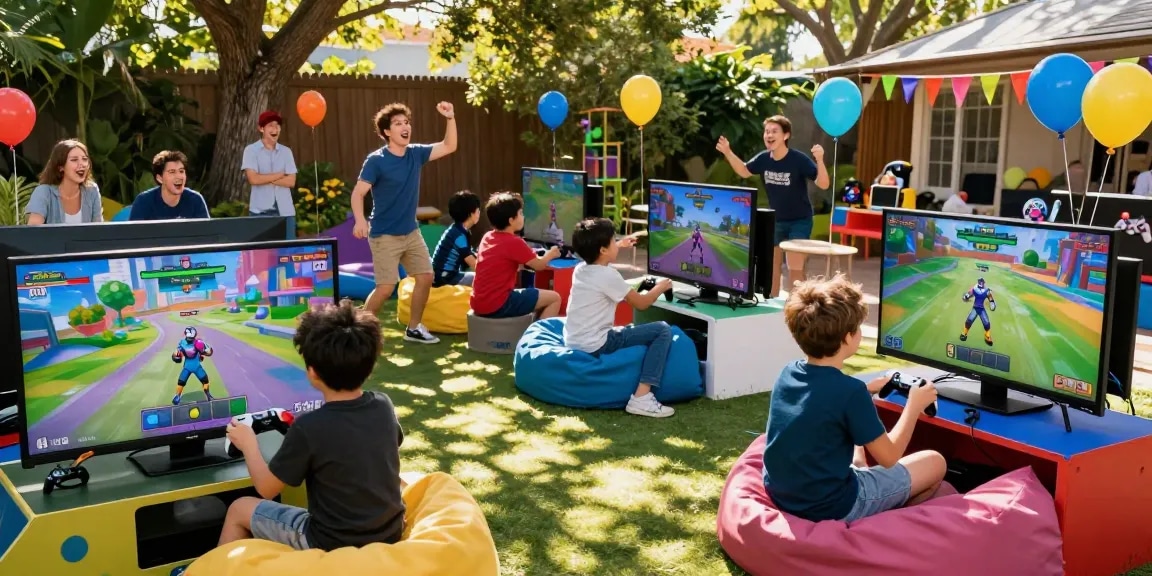 Gaming party London with children enjoying video games, vibrant setup, and lively outdoor atmosphere.