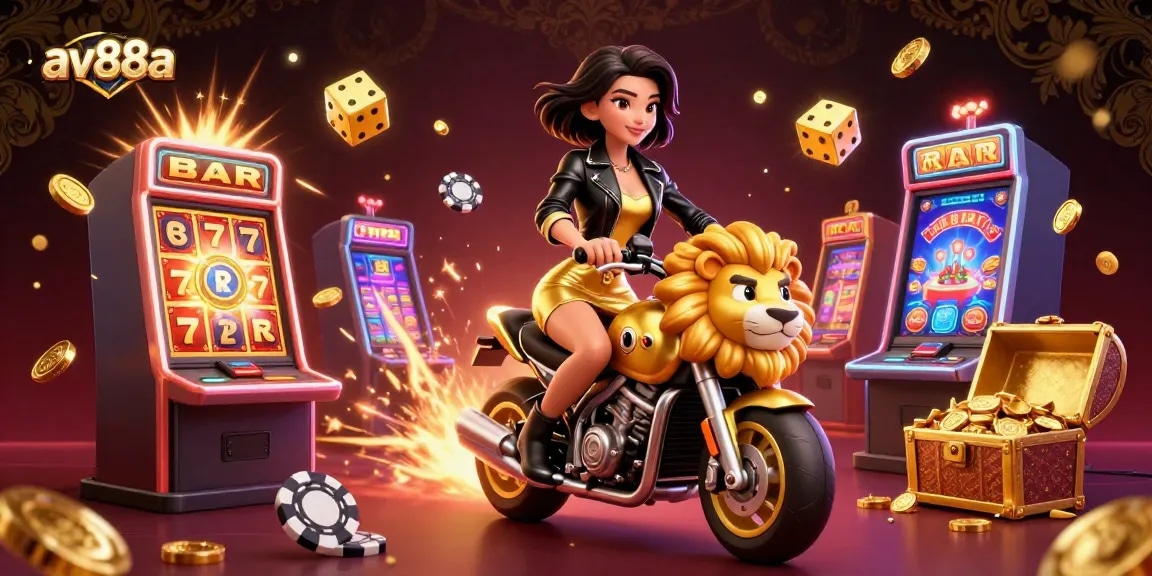 Spin to win at av88a with a glamorous Asian woman riding a golden lion mascot in a vibrant casino scene.