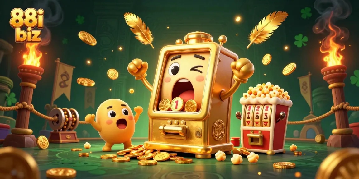 Spin the reels of 88i biz's golden slot machines as coins erupt in a dynamic casino scene
