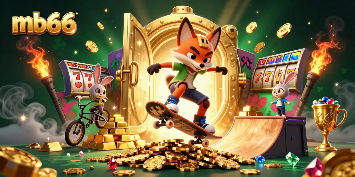 Experience mb66 with a dynamic scene of a skateboarder fox and BMX rabbit amidst vibrant casino symbols.