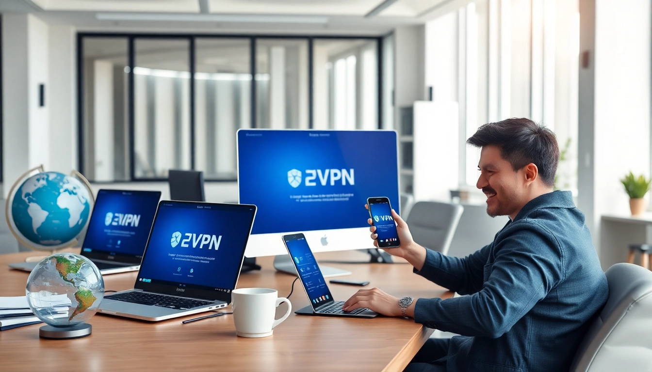 在现代办公环境中的设备上展示的快连VPN界面，象征全球安全连接。