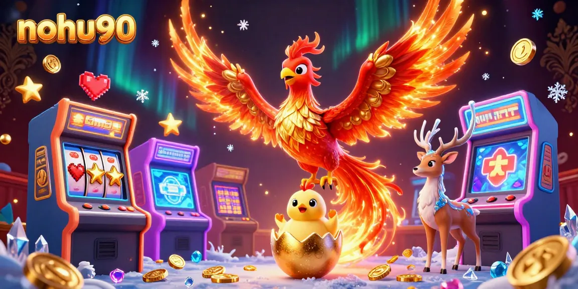 Nohu90 showcases dynamic gaming energy with a blazing phoenix and arcade elements in a rich casino scene.