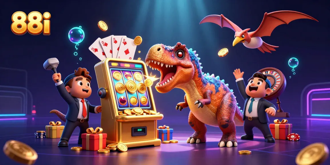Catch the excitement at 88i as a dinosaur wins slots while a manager panics over falling coins!