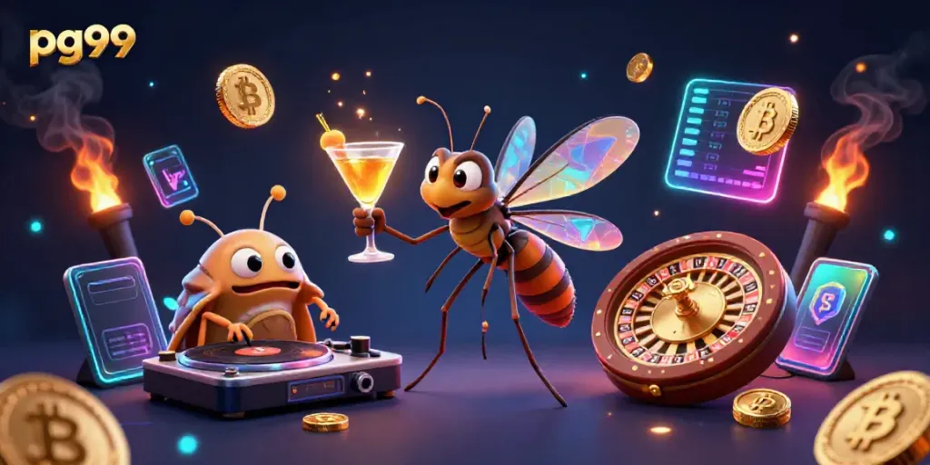 Experience the allure of pg99 with vibrant 3D casino mascots and blockchain elements.