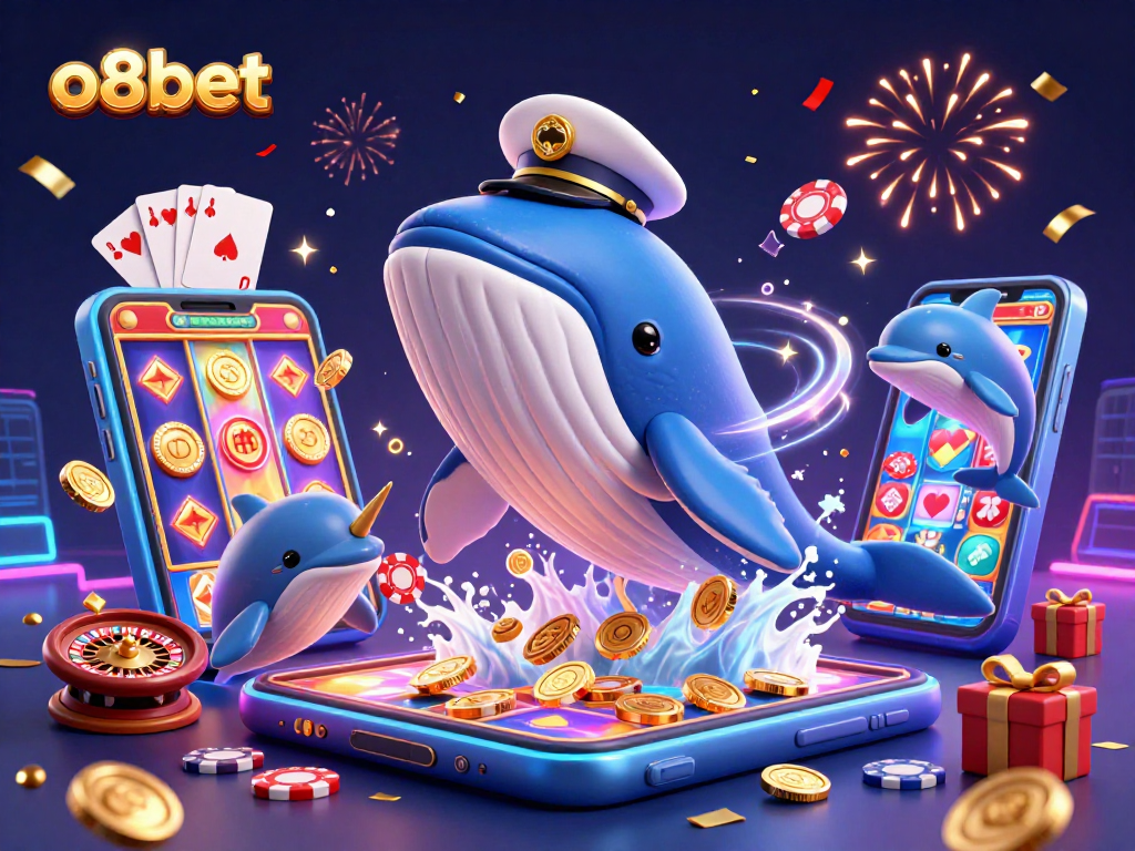 o8bet features a playful casino scene with a whale, narwhal, and dolphins celebrating wins.